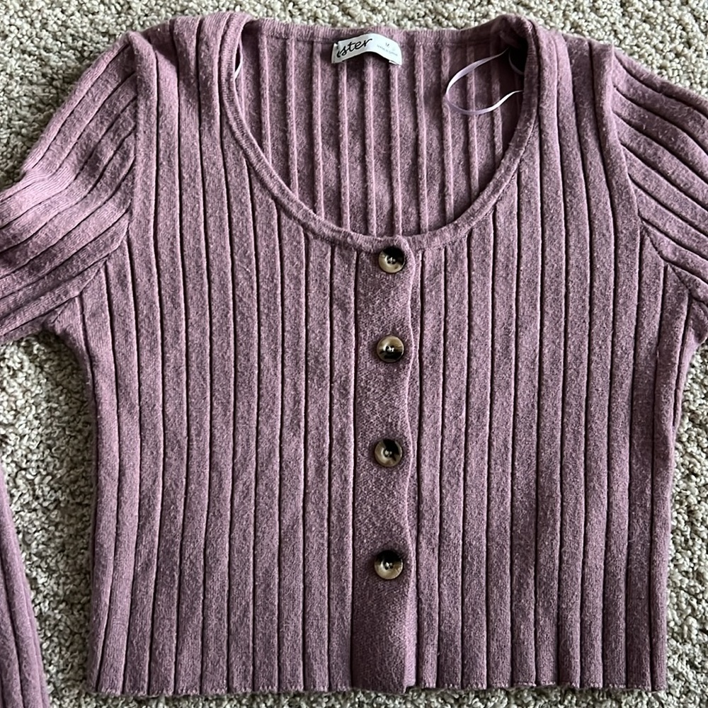 Lavender Ribbed Button-Up Sweater - Picture 2 of 4